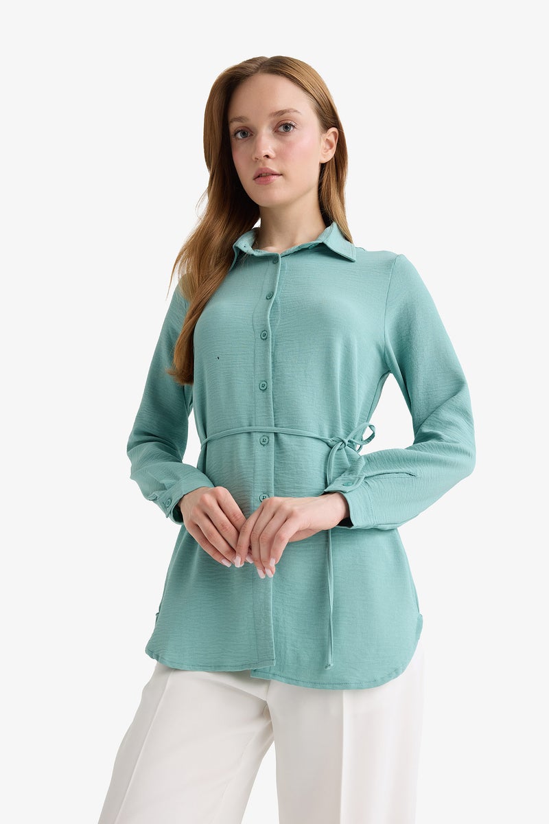 DeFacto Blue Woman Regular Fit Shirt Collar Long Sleeve Tunic Casual - Image 4